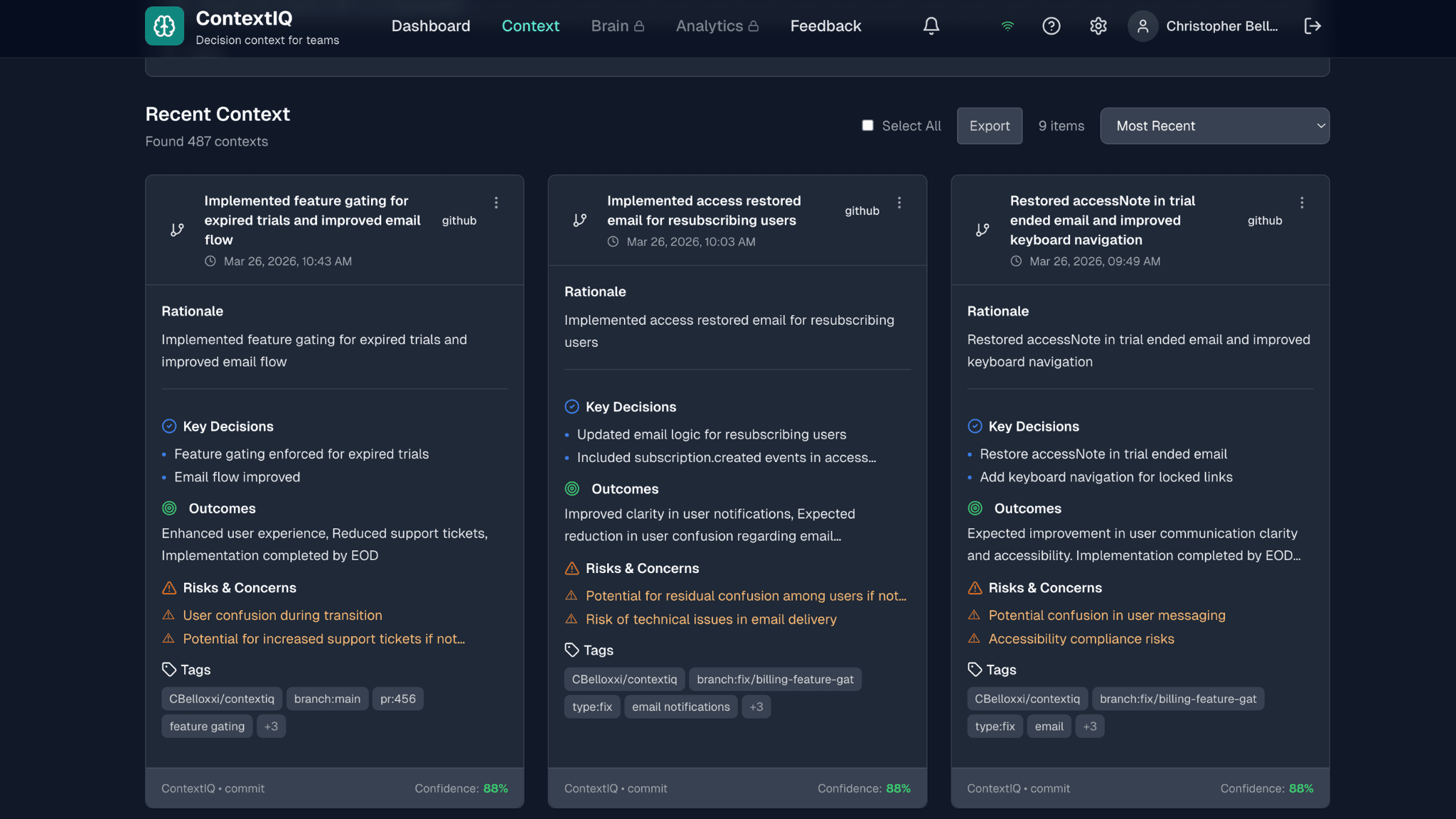 ContextIQ context detail showing decisions, rationale, and outcomes
